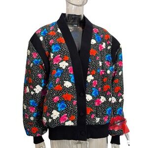 Vintage Perlita Jacket Women Large Black Floral 100% Silk 80s 90s Retro